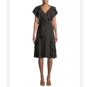ALICE and OLIVIA Womans Tessa Striped Black Ruffle Godet Midi Dress  2